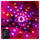 Ollny Spider Web Decoration 4FT 70 LED, Orange and Purple Halloween Lights with Black Spider Battery Powered 8 Modes Timer, Waterproof Cobweb String Light for Outdoor Indoor House Yard Party