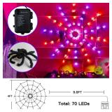 Ollny Spider Web Decoration 4FT 70 LED, Orange and Purple Halloween Lights with Black Spider Battery Powered 8 Modes Timer, Waterproof Cobweb String Light for Outdoor Indoor House Yard Party