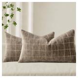 MIULEE Decorative Chenille Check Lumbar Throw Pillow Covers Vintage Plaid Couch Pillows 12x20 Inch Set of 2 Neutral Boho Farmhouse Cushion Covers Modern Home Decor for Sofa Bed Living Room Taupe Grey