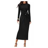 ZESICA Womens 2025 Fall Long Sleeve Mock Neck Bodycon Midi Dress Ruched Knit Elegant Party Cocktail Formal Dresses Black Medium