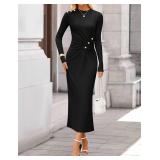 ZESICA Womens 2025 Fall Long Sleeve Mock Neck Bodycon Midi Dress Ruched Knit Elegant Party Cocktail Formal Dresses Black Medium