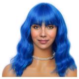 LANICE Blue Wig Short Bob Wigs with Bangs for Women Loose Wavy Hair Shoulder Length Blue Wig Synthetic Colorful Wigs for Cosplay Daily PartyUse(Blue,12inch)
