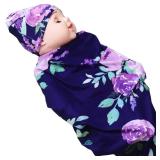 Newborn Swaddle Blanket with Beanie Set,Soft Stretchy Blanket for 0-3 Months Baby Boys and Girls(Purple Flower)