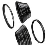 KandF CONCEPT 18 Pieces Filter Ring Adapter Set, Camera Lens Filter Metal Stepping Rings Kit (Includes 9pcs Step Up Ring Set + 9pcs Step Down Ring Set) Black