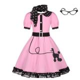 Simplecc 50s Costumes for Girls 1950s Pink Poodle Cutie Costumes with Eye Glasses and Scarf for Kids (8-10 Years)