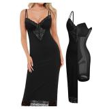Popilush Shapewear Dress Deep V Neck Lace Cocktail Maxi Dresses for Women, Black XL
