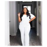 ANICECUT Plus Size 2 Piece Sets for Curvy Women Sexy Summer Short Sleeve Tops Casual Wide Leg Pants Sets Sweatsuits White XL