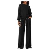 PRETTYGARDEN Womens 2 Piece Sets Long Sleeve Sweatshirt Wide Leg Pants Loose Matching Lounge Set Trendy Fall Outfits (Black,XX-Large)