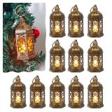 Reperla Mini Lantern Decorative, 12Pcs Small Lanterns with LED Candle, Ramadan Decorations, Hanging Vintage Moroccan Lantern Bulk for Easter Wedding Xmas Party Table Centerpiece, Brushed Brass