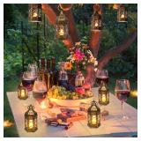 Reperla Mini Lantern Decorative, 12Pcs Small Lanterns with LED Candle, Ramadan Decorations, Hanging Vintage Moroccan Lantern Bulk for Easter Wedding Xmas Party Table Centerpiece, Brushed Brass