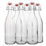Flip Top Glass Bottle [1 Liter  33 fl. oz.] [Pack of 6]  Swing Brewing with Stopper for Beverages, Oil, Vinegar, Kombucha, Beer, Water, Soda, Kefir Airtight Lid and Leak Proof Cap Clear