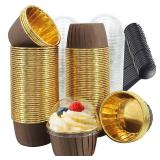 Muffin Cups with Lids 100Pack,Free-Air 3.5Oz Foil Cupcake Liners,Mini Muffin Liners Cupcake Baking Cups,Disposable Muffin Tins Cupcake Wrappers,with Spoons-Brown in gold