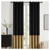 BULBUL Black Gold Color Block Window Curtains Panels 90 inches Long Velvet Farmhouse Drapes for Bedroom Living Room Darkening Treatment with Grommet Set of Black Gold