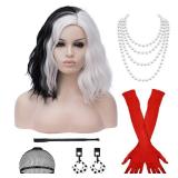 Mildiso Cruella Deville Costume Women Girls Dalmatian Costume Cruella Deville Wig with Gloves Necklace Earrings Short Black and White Wig Curly Wavy Wig with Accessories M127BW