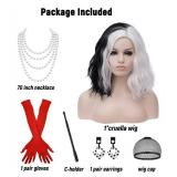Mildiso Cruella Deville Costume Women Girls Dalmatian Costume Cruella Deville Wig with Gloves Necklace Earrings Short Black and White Wig Curly Wavy Wig with Accessories M127BW