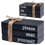 Restroom Bathroom Decor for Shelves, Funny Wooden Farmhouse Mini Book Stack for Bathroom Toilet Shelf Sign Decor Two-Sided Tabletop Decorative Set of 3 (black)