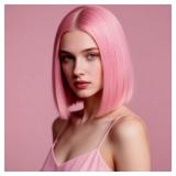 SUKRI Short Pink Wigs for Women Straight Pink Bob Wig Middle Part 12 Inch Shoulder Length Heat Resistant Synthetic Wig For Costume Cosplay Halloween Party Use