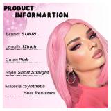 SUKRI Short Pink Wigs for Women Straight Pink Bob Wig Middle Part 12 Inch Shoulder Length Heat Resistant Synthetic Wig For Costume Cosplay Halloween Party Use