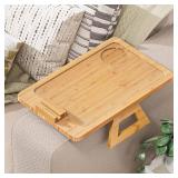 Youpehom Bamboo Sofa Tray,Couch Arm Table, Clip-On Armrest Tray Table for Wide Couch Foldable Tray with 360° Phone Holder Couch Arm Tray for EatingDrinksSnacksRemote