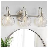 3 Lights Vanity Light, Brushed Nickel Bathroom Light Fixtures, Farmhouse Wall Sconces with Globe Clear Glass Shade, Porch Wall Mount Lamp for Mirror, Kitchen, Porch, Living Room, Workshop (E26 Base)