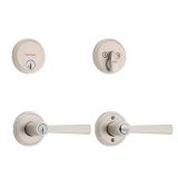 Trafford Keyed Entry Handle and Single Cylinder Deadbolt Combo Pack featuring SmartKey Security in Satin Nickel