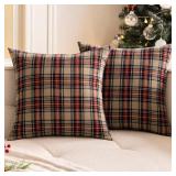Woaboy Christmas Set of 2 Scottish Tartan Throw Pillow Covers Farmhouse Classic Plaid Decorative Couch Pillows Home Decor for Sofa Living Room Bed 20x20 Inch, Khaki