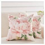 WEPTIV Pink Floral Throw Pillow Covers 22x22 Set of 2, Decorative Peony Flower Cushion Cases, Soft Plush Pillow Covers for Farmhouse Sofa Couch Bed Home Decor