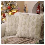 DFXSZ Christmas Tree Pillow Covers 16x16 inch Set of 2 Christmas Decoration Beige Soft Plush Faux Fur Jacquard Throw Pillows for Bedroom Sofa Holiday Festivals Winter Home Decor PTK006C16