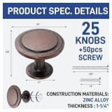 Lifemaster 25pcs 1-14 inch Oil Rubbed Bronze Cabinet Knobs - Rust-Proof Finish, Modern Design, Strong Zinc Alloy Construction, Complete with Short and Adjustable Screws for Drawer Dresser Handles