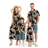 PATPAT Family Matching Hawaiian Outfits Mommy and Me Dresses Matching Set Tropical Palm Leaf Print Halter Neck Sundresses Mommy and Me Dresses Beach Black Leaf Hawaiian Dresses for Women XL