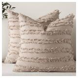 MIULEE Set of 2 Decorative Boho Throw Pillow Covers Linen Striped Jacquard Pattern Cushion Covers for Sofa Couch Living Room Bedroom 22x22 Inch Beige