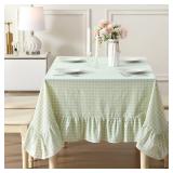 K MASANIJI Pile Green White Plaid Ruffled Table Cloth Rectangular for Seat 8-10, 100percent Washed Cotton Buffet Cottage Coquette Checker Gingham Vintage Decorative Tablecloth - 120in x 60in