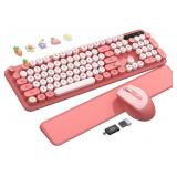 Wireless Keyboard and Mouse Combo, Blush Pink for Aesthetic Desk, Magnetic Wrist Rest, Full-Size Retro Typewriter Keyboard with Round Keycaps, Sleep Mode, 2.4GHz Cordless for MacWindowsPC, Trueque
