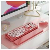Wireless Keyboard and Mouse Combo, Blush Pink for Aesthetic Desk, Magnetic Wrist Rest, Full-Size Retro Typewriter Keyboard with Round Keycaps, Sleep Mode, 2.4GHz Cordless for MacWindowsPC, Trueque