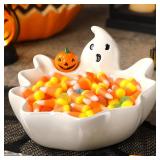Vesici 7 Inch Halloween Candy Dish Holder Ceramic Ghost Candy Bowl Ghost Serving Tray Cute Candle Holder Cookie Jar for Halloween Party Trick or Treat Decor