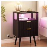 JOONEE Black Nightstand with Charging Station and LED Lights,Modern Bedside Table with 2 Storage Drawer and Open Wood Shelf, for Bedroom and Small Spaces,Night Stand with Solid Wood Legs,Black