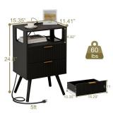 JOONEE Black Nightstand with Charging Station and LED Lights,Modern Bedside Table with 2 Storage Drawer and Open Wood Shelf, for Bedroom and Small Spaces,Night Stand with Solid Wood Legs,Black