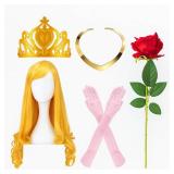 Crowye 5 Pcs Halloween Princess Costume Accessories Include Golden Long Curly Wig Necklace Gloves with Artificial Rose Pink Princess Costume for Women Girls Halloween Cosplay Party