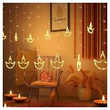 jiaozhen Diwali Diya Curtain Lights, 12 Hanging LED Diyas with Warm White Glow, Plug in String Lights with 8 Modes, Happy Diwali Festival Decoration for Indoor Outdoor Window Wall Home Party