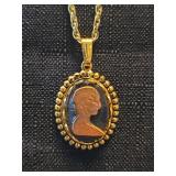 Gold-Tone Cameo Pendant Necklace with Beaded Frame