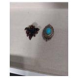 Decorative Brooch Set - Red Crystal Leaf and Turquoise Pendant