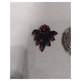 Decorative Brooch Set - Red Crystal Leaf and Turquoise Pendant