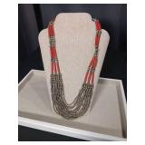 Coral and Silver Beaded Multi-Strand Statement Necklace