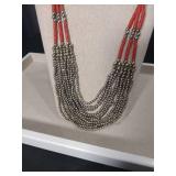 Coral and Silver Beaded Multi-Strand Statement Necklace