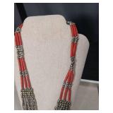 Coral and Silver Beaded Multi-Strand Statement Necklace