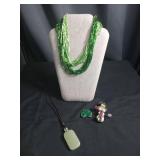 Holiday Jewelry Collection - Green Beaded Necklace, Jade Pendant & Decorative Pins