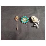 1950s Turquoise Glass Bead Stick Pin with Rhinestones