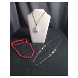 Jewelry Collection - White Jade Pendant, Coral Beads & Gold Chain