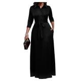 Black Maxi Dress for Women Church Maxi Button Down 3/4 Sleeves Print Casual Dress with Pockets - Retail: $40