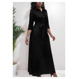 Black Maxi Dress for Women Church Maxi Button Down 3/4 Sleeves Print Casual Dress with Pockets - Retail: $40